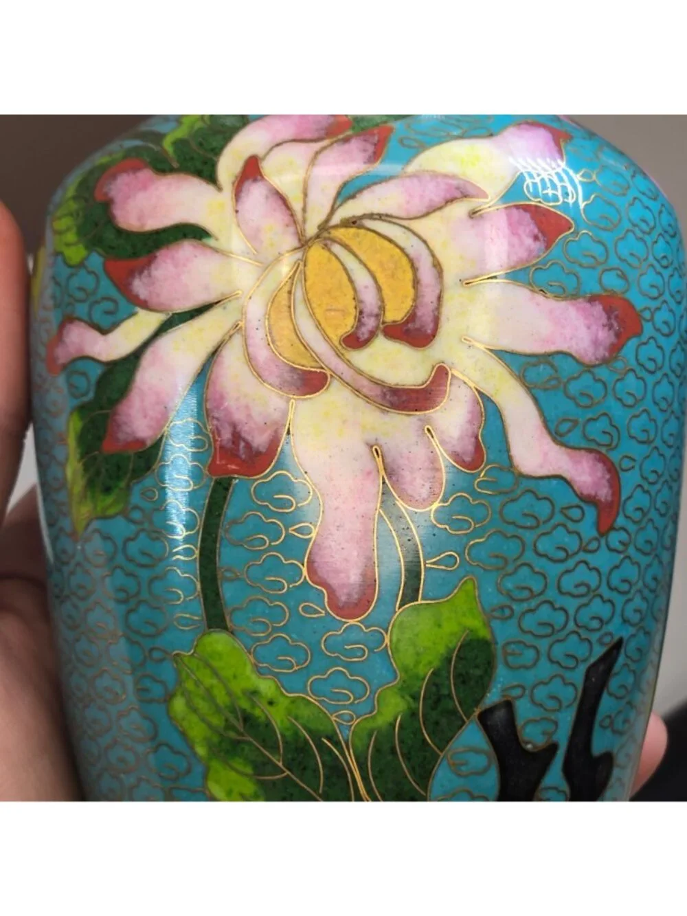 Vintage Cloisonné Vase Pink & White Chrysanthemums Gold Accents Floral Enamel